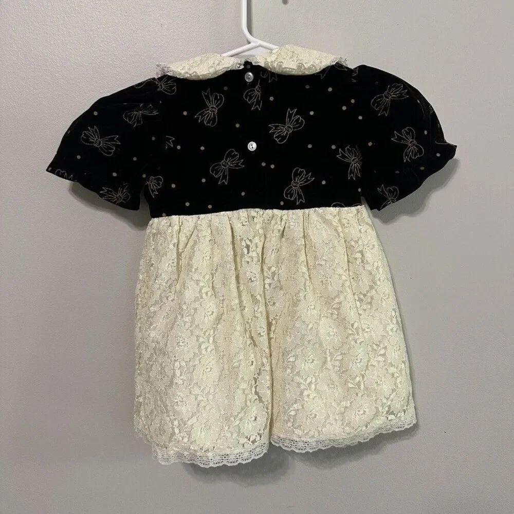 Vintage Girls Black Cream Lace Short Sleeve Gold Bow 4T Made In USA Dress